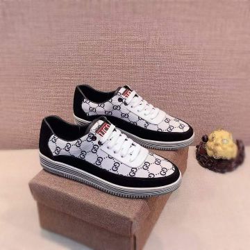 Gucci Classic GG Logo Printing White Fabric & Black Suede Leather  Low-Top Lace-Up White & Black Patchwork Panel Sneakers For Men