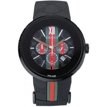 The Best  Gucci Black Rubber Strap Green And Red Web Quartz GG Logo Dial Interlocking Wristwatch