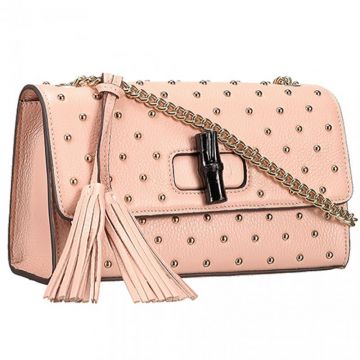 Gucci Pink Leather Miss Bamboo Black Turnlock Flip-over Flap Ladies Silver Studded Crossbody Bag 