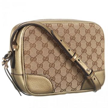 Women's Gucci GG Supreme Gold Leather & Monogram Canvas Polished Brass Zipper Fake Shoulder Bag 