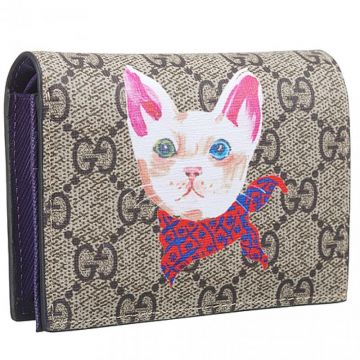 Gucci Cat Print Folding Card Case GG Supreme With Purple Trim Celebrity Style UK