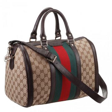Gucci Vintage Web Original GG Beige Canvas Medium Boston Bag Ebony Leather Trim On Sale 247205 FWCZG 9791