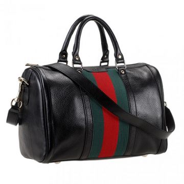 Gucci Vintage Web Black Cowhide Leather Medium Boston Bag Green And Red Stripe Sale Malaysia 