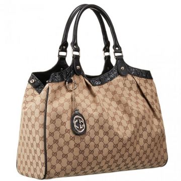 Best Gucci Sukey Leather Detail Top Handles Beige Canvas Logo Embossed  Fake Tote Bag For Ladies