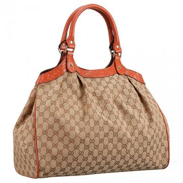 Women's Gucci Sukey Silver Hardware Button-snap Closure Orange Leather & Beige Canvas Tote Bag Large 