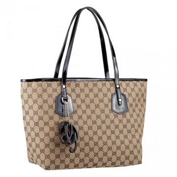 Large Gucci Heart Bit Slim Handles Black Patent Leather Detail Brown Enamel Trim Female Canvas Tote Bag 