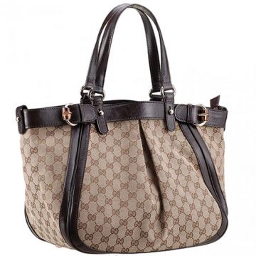2018 Gucci Belted Flat Handles Dark Brown Leather Trimming Ladies Beige Canvas Monogram Shoulder Bag