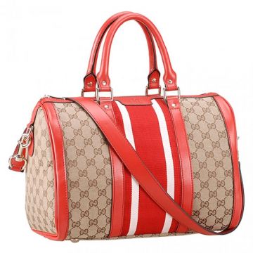 Gucci Vintage Web Medium Red Canvas Boston White & Red Stripe Leather Borders Top Handle Bag  