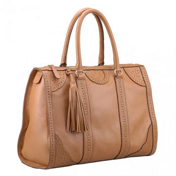 Gucci Duilio Brogue Tan Leather Tote Bag Tassel Trim Two Handle New Arrival USA 