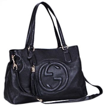 Gucci Soho Top Handles Logo Signature Black Leather Tassel Shoulder Bag With Two Compartments