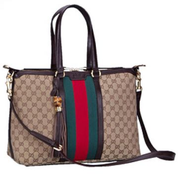 Gucci Rania Web Brown Leather Detail Beige Canvas Logo Printing Female Top Handle Shoulder Bag