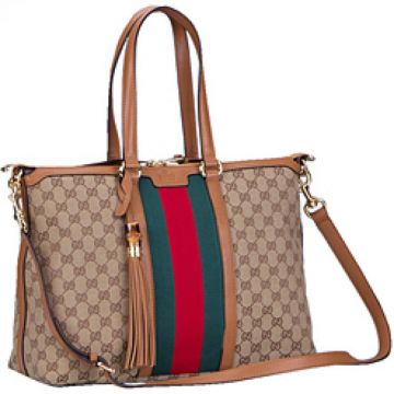 Women's Gucci Rania Web Tassels Trimming Ladies Tan Leather & Canvas Monogram Double Zipper Tote Bag