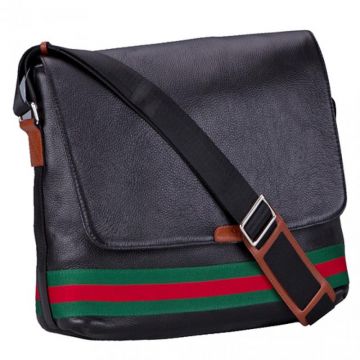 Gucci Web Black Cowhide Leather Medium Messenger Bag Flap Closure For Men Green & Red Stripe Motif 