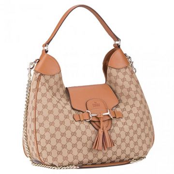 Gucci Emily Polished Brass Hardware Cognac Leather Detail Womens Tassel Trim Beige Canvas Hobo Bag