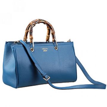 Top Sale Gucci Top Handles Textile Lining Female Small Blue Leather Bamboo Shopper Shoulder Bag 