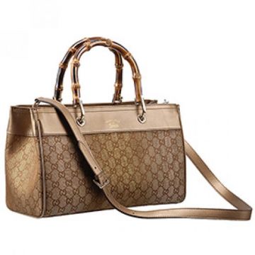 Gucci Bamboo Shopper Logo Monogram Top Handles Leather-Canvas Ladies Small Tote Bag  