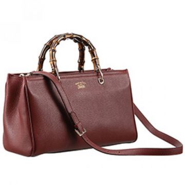 Fashion Style Gucci Bamboo Shopper Polished Silver Hardware Two Compartments Womens Small Burgundy Leather Handbag 