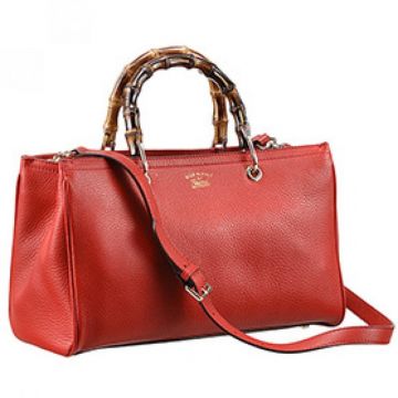  Gucci Bamboo Shopper Female Red Leather Adjustable Strap Zipper Compartment Tote Bag Small 