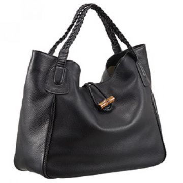 Gucci Hip Bamboo Detail Braided Handles Ladies Black Cowhide Leather Hobo Bag 