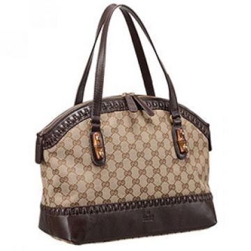 Women's Gucci Laidback Crafty GG Arched Top Brown Leather Double Pull Zipper Canvas Tote Bag 