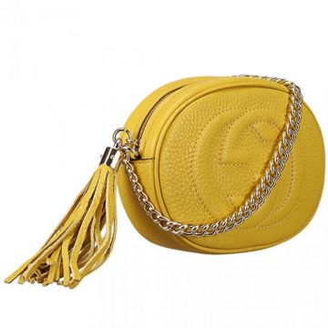 Spring Latest Gucci Soho Ladies Mini Double G Design Gold-toned Chain Strap Yellow Leather Tassel Bag 