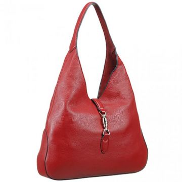 Women's Chic Gucci Jackie Red Cowhide Leather Hobo Bag With Silver Push-release Snap Lock