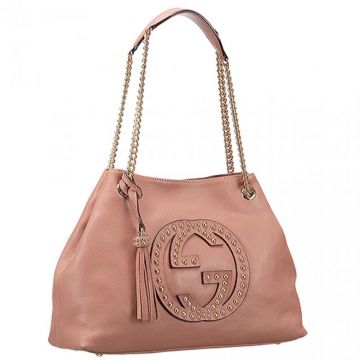 Gucci Soho Tassel Pendant Chain & Leather Strap Ladies Pink Leather Shoulder Bag With Rivets USA