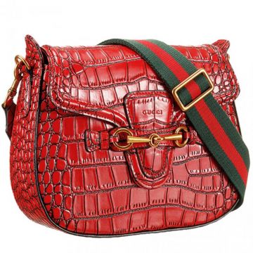 Gucci Most Fashion Lady Web Curved Base Polished Brass Buckle Red Croco Leather Saddle Bag 