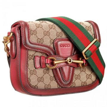Celebrity Style Gucci Lady Web GG Yellow Brass Hardware Burgundy Leather & Canvas Flap Handbag 