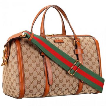 Copy Gucci Brown Web GG Canvas Boston Bag Double Zip Closure Green & Red Shoulder Strap 
