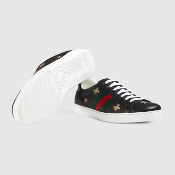 Best Gucci Gold Ace Embroidered Bees And Stars Green And Red Web Black/White Leather Sneaker Imitation 386750 A38F0 1079/386750 A38F0 9073