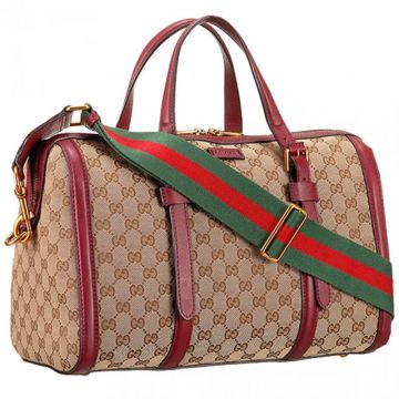Gucci Dark Red Web GG Canvas Boston Bag Lady Wide Shoulder Strap Leather Edges Travel