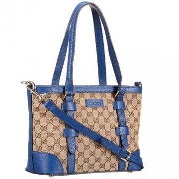 Classic Small Gucci GG Blue Leather Trimming Double Handles Logo Canvas Shoulder Bag For Ladies 