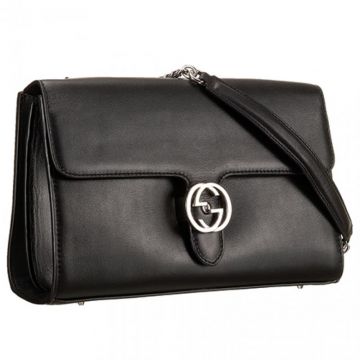 Best Gucci Interlocking Silver G Buckle Ladies Black Leather Medium Flap Shoulder Bag For Sale Replica 
