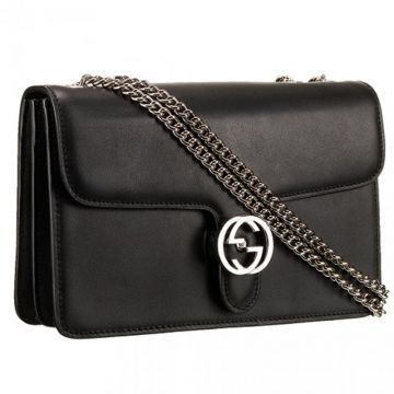 Imitation Gucci Interlocking Silver Chain Strap Black Leather Flap Shoulder Bag For Ladies Medium 