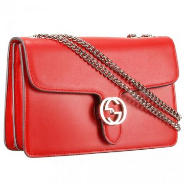 Most Popular Gucci Interlocking Silver Double G Buckle Two Compartments Ladies Red Leather Chain Shoulder Bag 