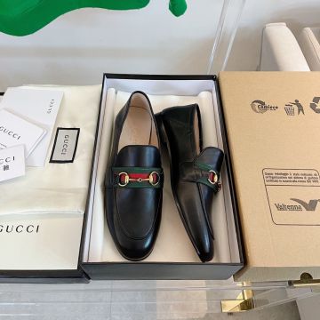  Gucci Princetown Green-Red Web & Yellow Gold Horsebit Detail Folded Heel Women's Black Leather Loafers 631619 CQXM0 1060