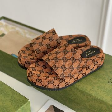 Replica Gucci Original Brown Canvas Black GG Monogram Printing Mid-heel Female Platform Slide Sandals UK