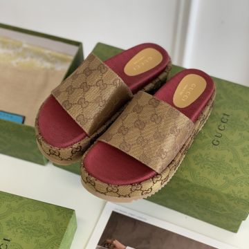 Fake Gucci Beige Original GG Canvas Mini GG Pattern Brick Red Fabric Insole Rubber Sole Platform Slide Sandal For Ladies