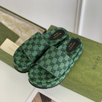 2022 Fashion Original Green GG Supreme Canvas 60mm Height Heel Rubber Sole - Replica Gucci Women's Platform Slide Sandal