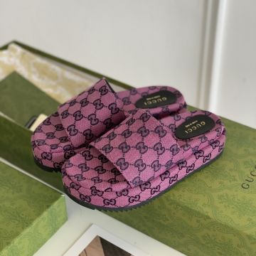 Best Price Original Black Double G Pattern Purple Fabric Mid-heel - FAKE Gucci Female Platform Slide Sandal USA