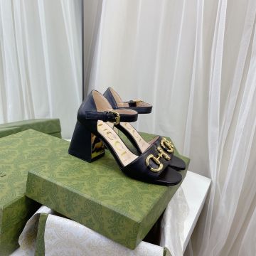 Replica Gucci Yellow Gold Horsebit Block High Heel Enfolded Heelpiece Female Black Leather Sandals For Sale