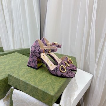 Imitation Gucci Purple GG Supreme Canvas Yellow Gold Horsebit Square Toe Chunky High Heeled Sandals Lady Summer Shoes