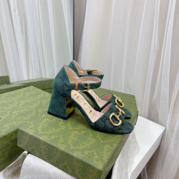 2022 Classic Black GG Logo Pattern Green Canvas Square Toe Closed Heelpiece - Replica Gucci Lady Ankle Strap Sandals