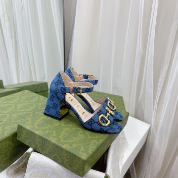 Latest Yellow Gold Horsebit Detail Square Toe Block Heel -  Gucci Light Blue GG Supreme Canvas High Heeled Sandals