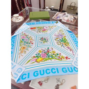 Best Price Script Printed Label Detail Floral Print W90cm x H90cm -  Gucci Sky Blue Silk Square Scarf ‎691455 3G001 4800