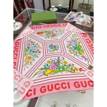 Fall Popular Flowers Printing Logo Letter Detail High End Square Scarf -  Gucci Pink Silk Women's kerchief 691455 3G001 5800