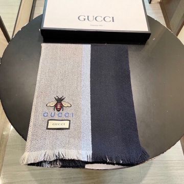  Gucci Bee & Brand Letter Embroidery Design New Black & Blue Stripe Knitting Pashm Scarf For Men / Women