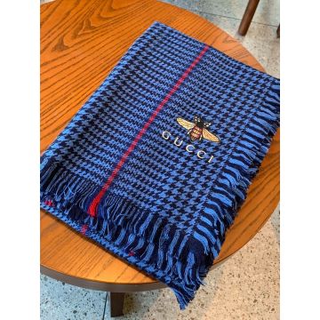  Gucci Red Stripe Bee Embroidery Decoration Lady Blue & Black Knitting Long Wool  Shawl Winter Tassel Scarf