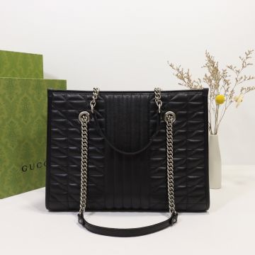 Replica 2022 New Gucci GG Marmont Women'S Medium Black Quilted Leather Silver Buckle Double G Chain Tote Bag 